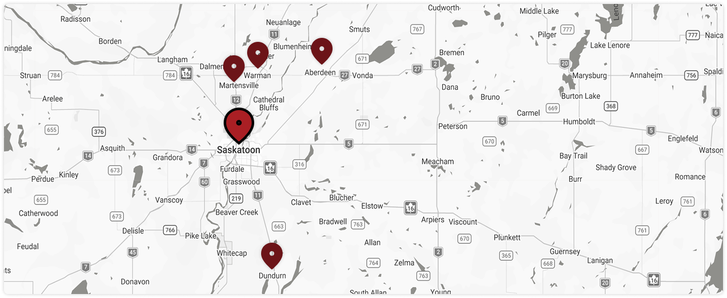Map of the Aviation Mechanical service area around Saskatoon, with markers at Saskatoon, Warman, Martensville, Aberdeen and Dundurn