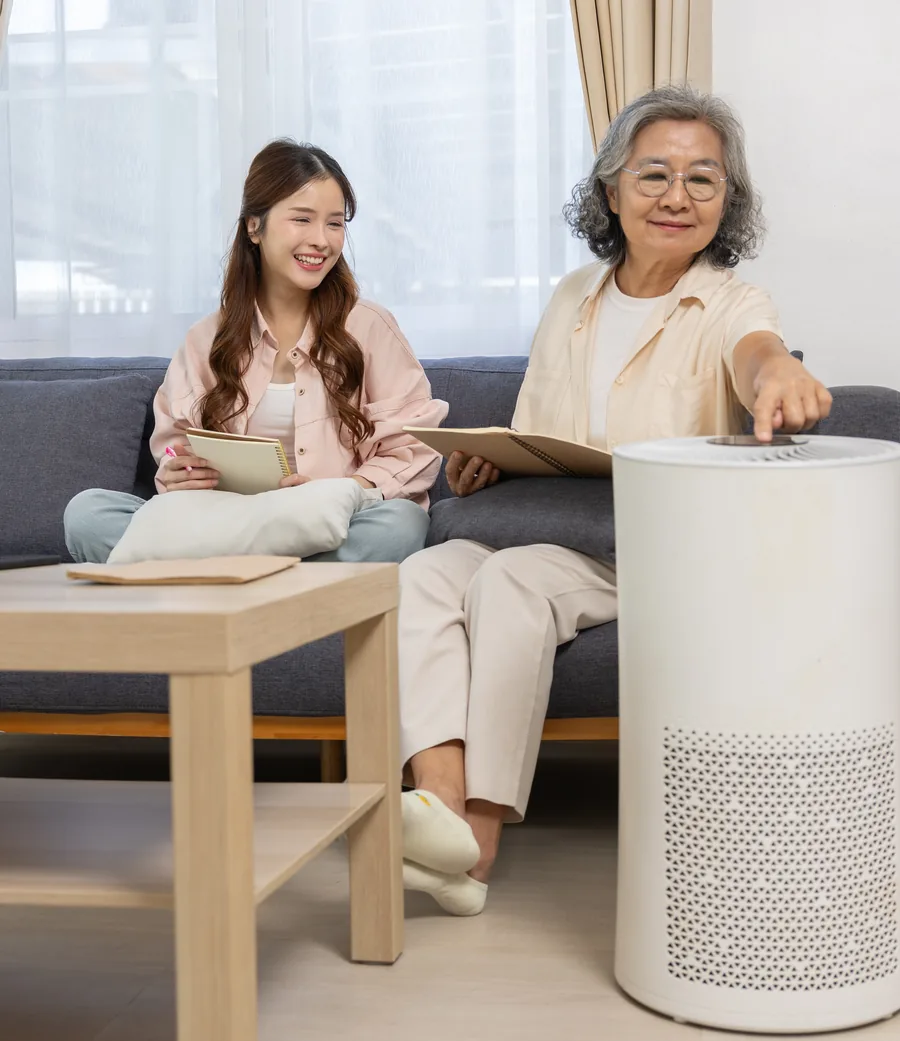 Air purifier running in a home living room