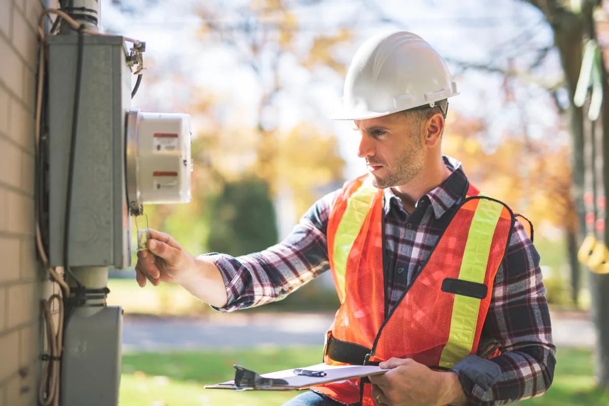 Technician recording an equipment inspection on a clipboard