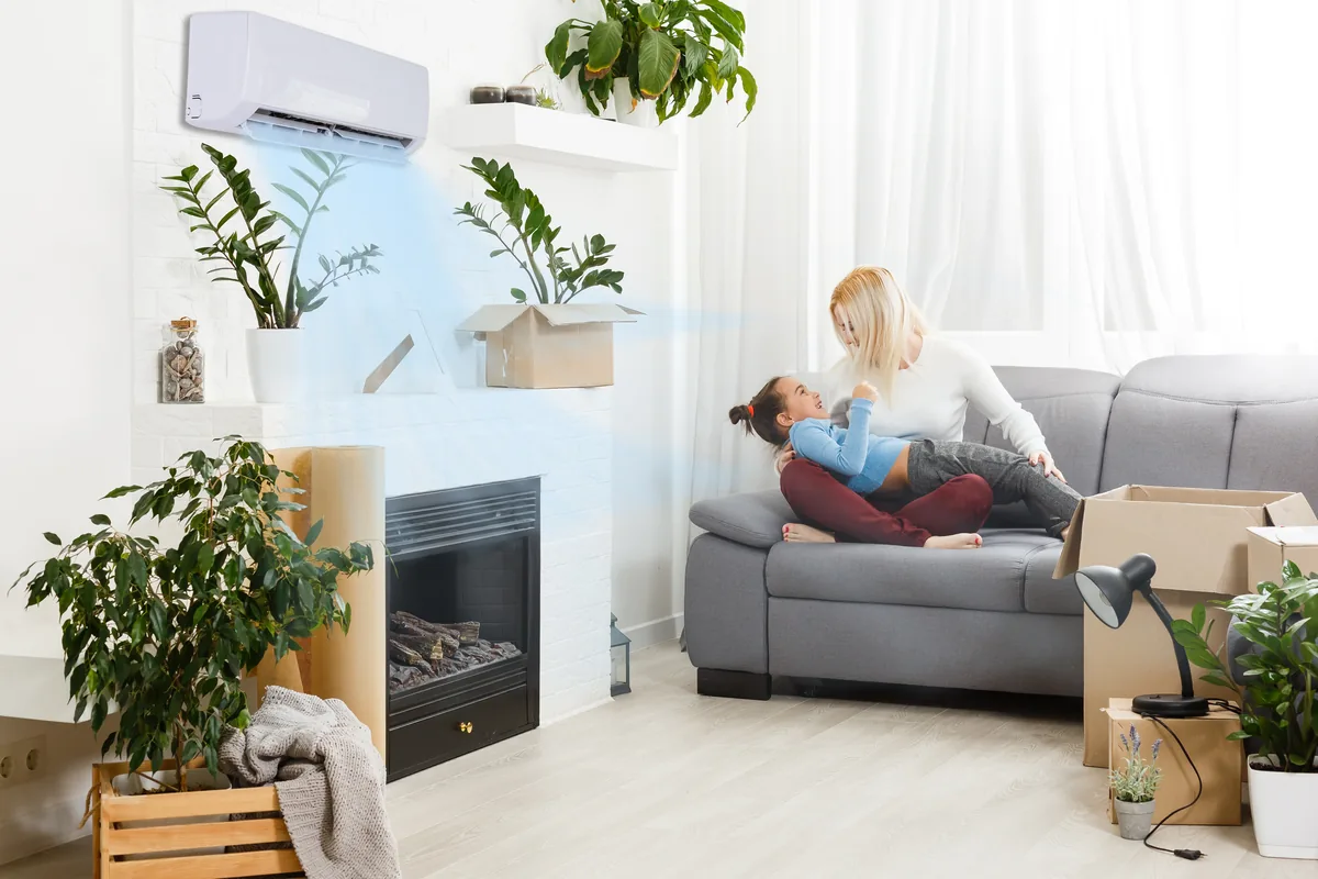 Living room with houseplants and a wall-mounted indoor unit